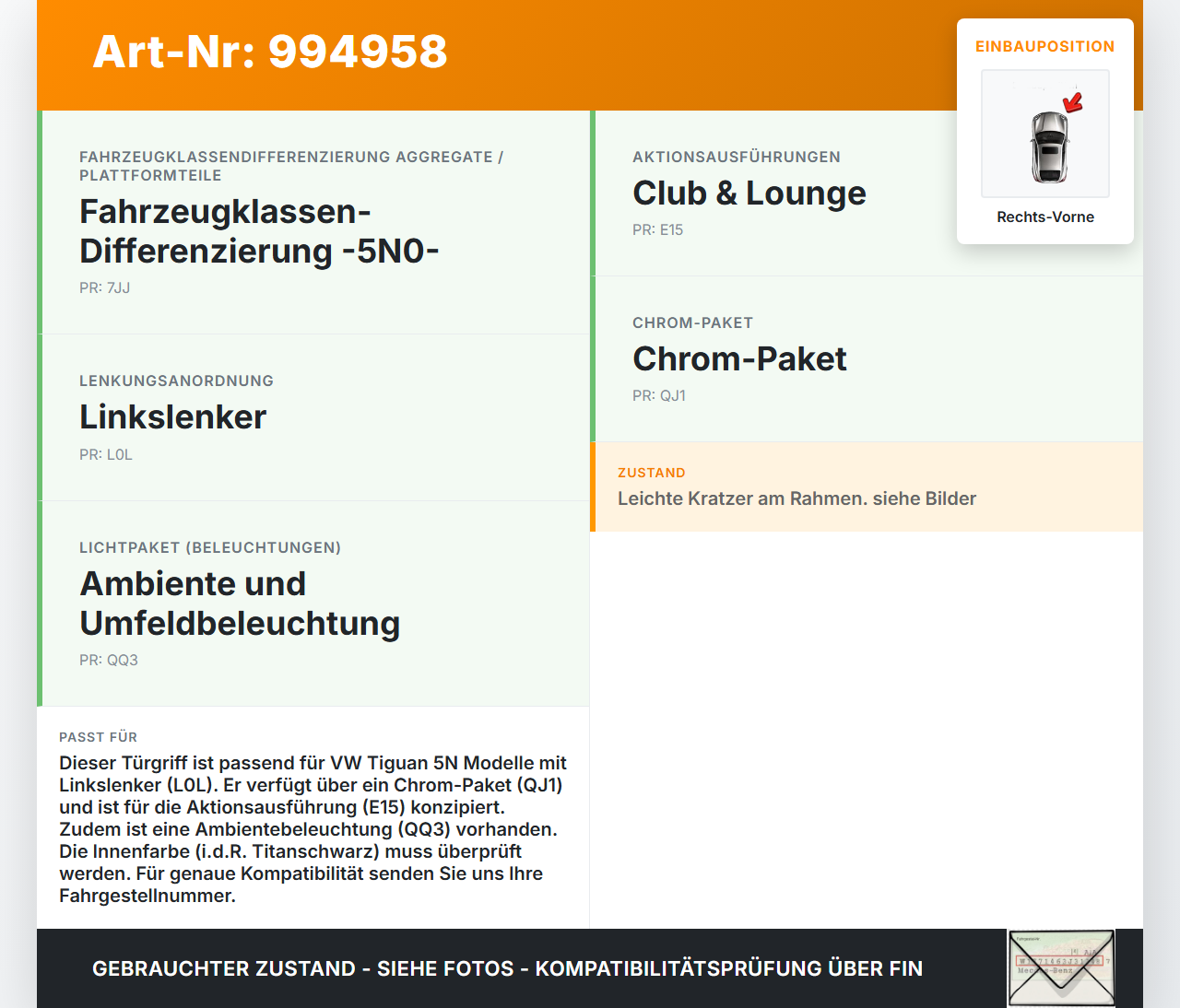 VW Tiguan 5N 11-18 Türgriff Griffmuschel Griff Innen Rechts Vorne VW Tiguan 5N 11-18 29.07.2015 5N1837114E gebraucht Vorschau 3