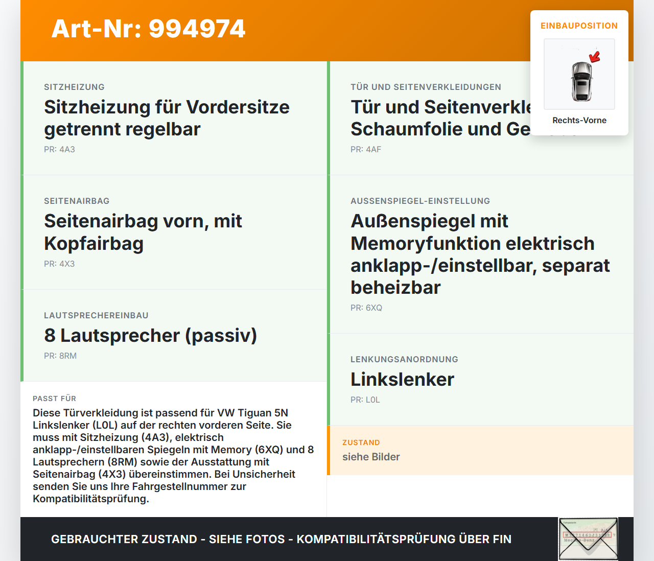 VW Tiguan 5N 11-18 Türverkleidung Türpappe Rechts Vorne VW Tiguan 5N 11-18 29.07.2015 5N0867012E gebraucht Vorschau 3