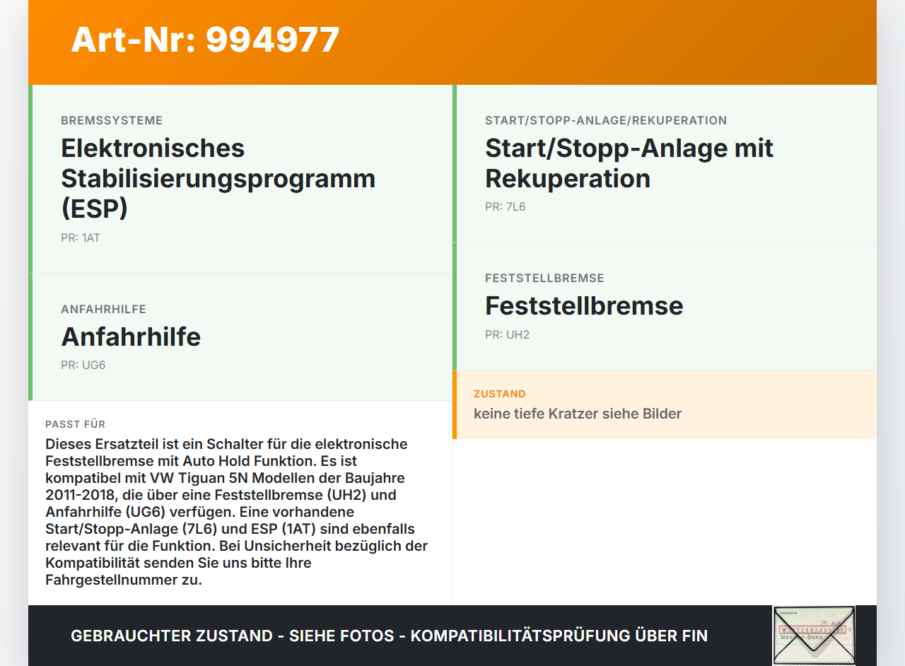 VW Tiguan 5N 11-18 Schalter Parkschalter Feststellbremse Auto Hold VW Tiguan 5N 11-18 29.07.2015 5N0927225A gebraucht Vorschau 3