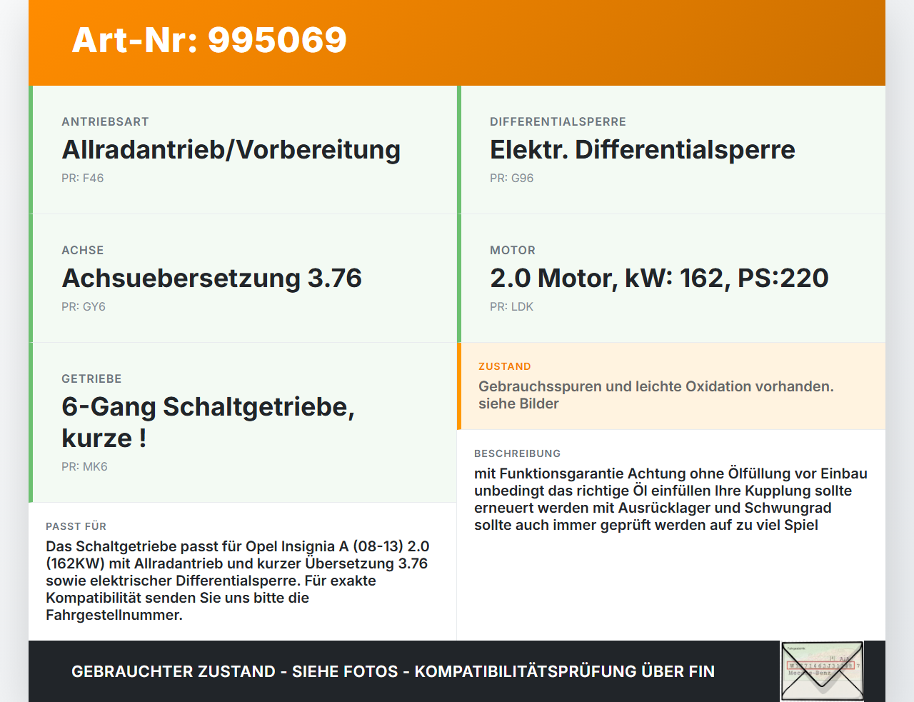 Opel Insignia A 08-13 2,0 162KW 4WD MK6 Schaltgetriebe Getriebe Opel Insignia A 08-13 30.04.2010 gebraucht Vorschau 3