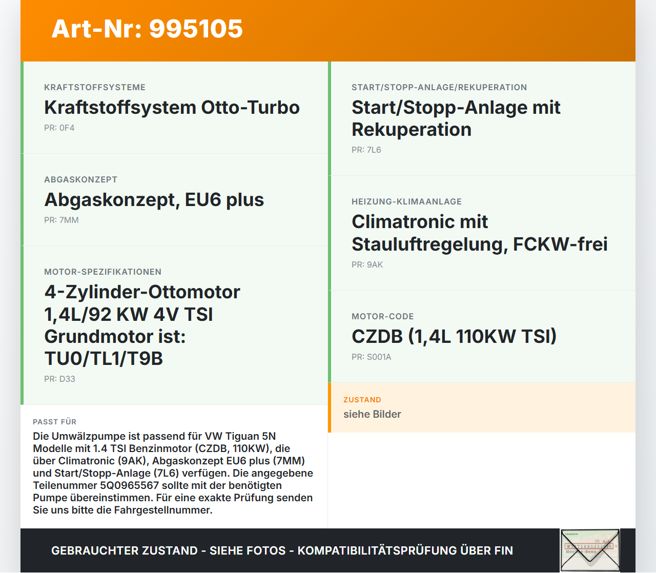 VW Tiguan 5N 11-18 TSI 1,4 110KW Umwelzpumpe Heizung Pumpe VW Tiguan 5N 11-18 29.07.2015 5G0965567A 5Q0965567 gebraucht Vorschau 3