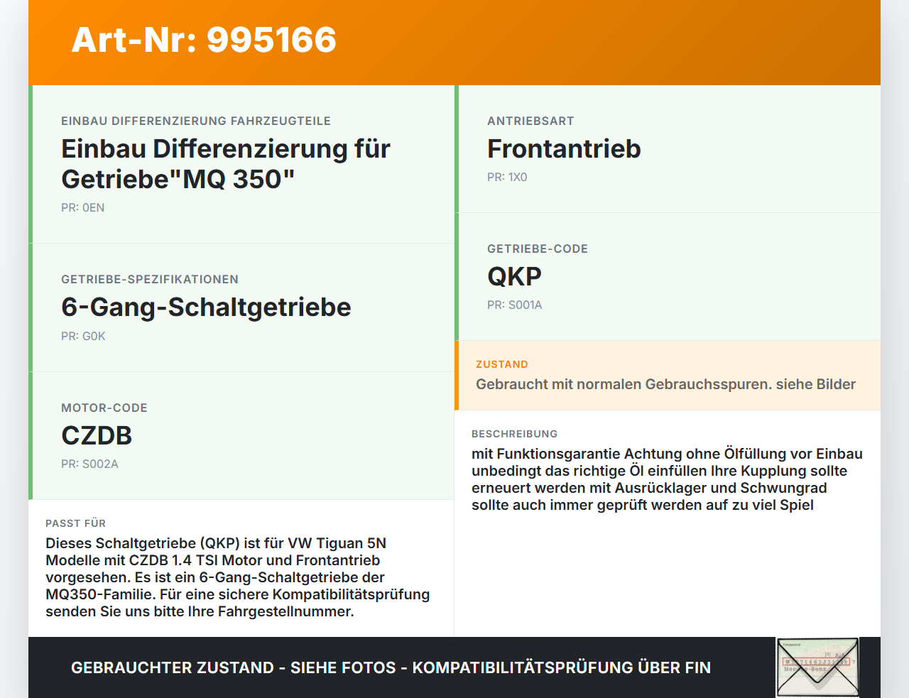 VW Tiguan 5N 11-18 TSI 1,4 110KW QKP Schaltgetriebe Getriebe QKP VW Tiguan 5N 11-18 29.07.2015 02Q301107AJ gebraucht Vorschau 3