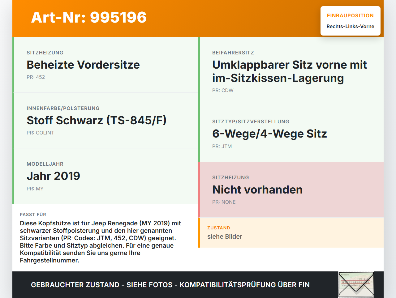 Jeep Renegade 18-24 Kopfstütze für Fahrer Sitz Rechts oder Links Vorne Jeep Renegade 18-24 23.01.2019 gebraucht Vorschau 3