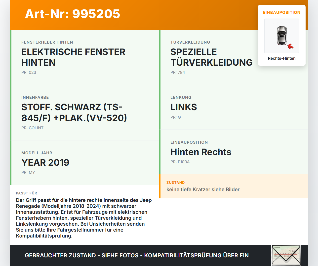 Jeep Renegade 18-24 Griff Griffmuschel Türgriff Innen Rechts Hinten Jeep Renegade 18-24 23.01.2019 gebraucht Vorschau 3