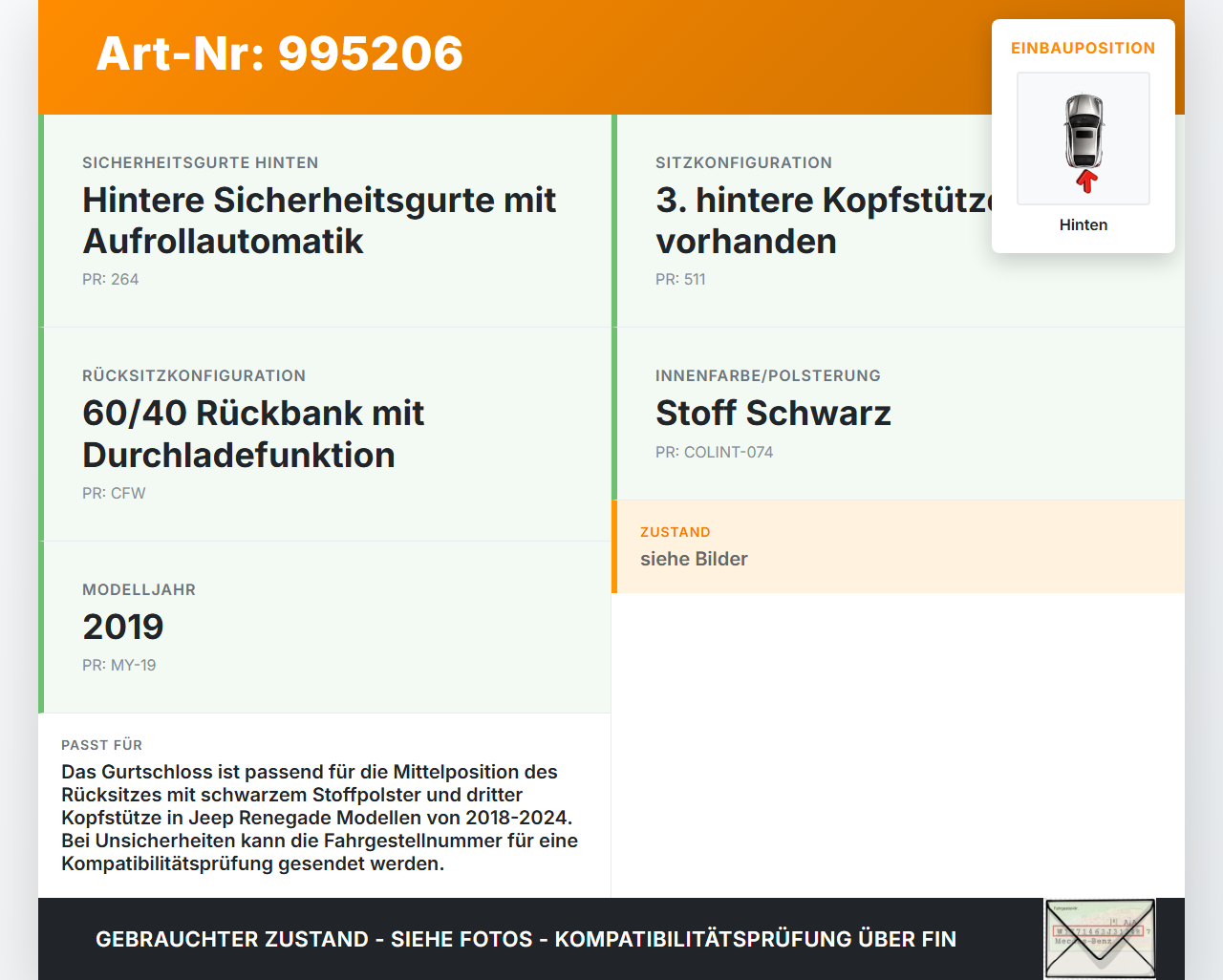 Jeep Renegade 18-24 Gurtschloss Mitte Hinten Jeep Renegade 18-24 23.01.2019 7356444750 34174910E gebraucht Vorschau 3