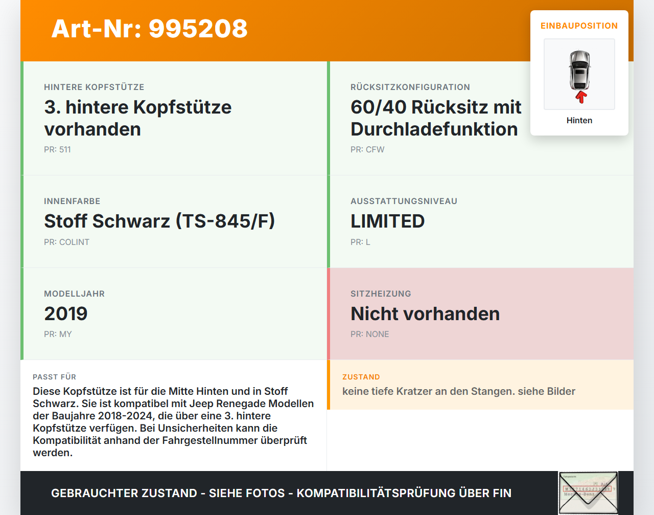 Jeep Renegade 18-24 Kopfstütze Mitte Hinten Jeep Renegade 18-24 23.01.2019 gebraucht Vorschau 3