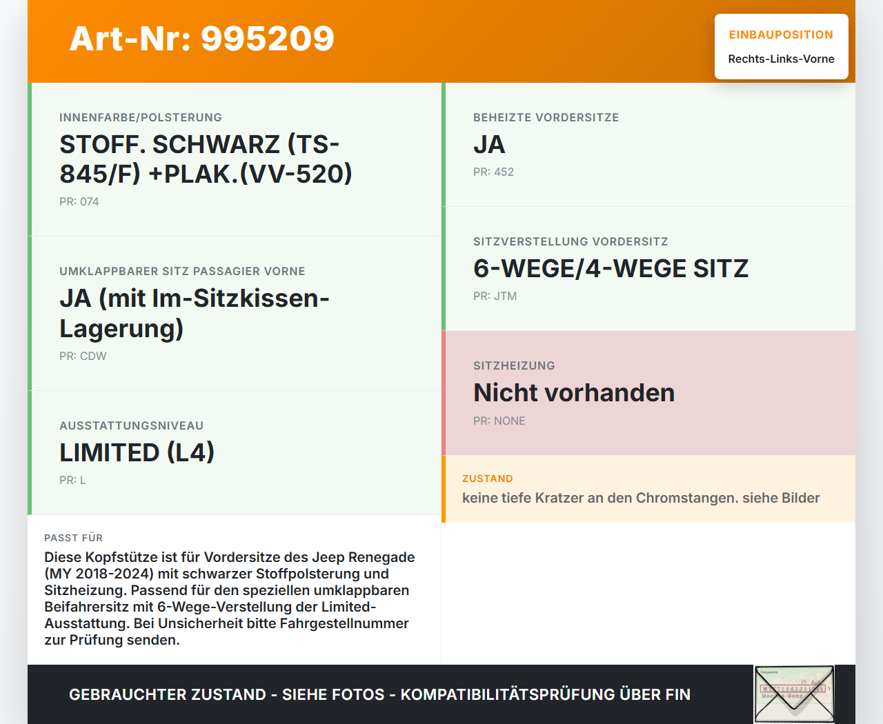 Jeep Renegade 18-24 Kopfstütze für Beifahrer Sitz Rechts oder Links Vorne Jeep Renegade 18-24 23.01.2019 gebraucht Vorschau 3