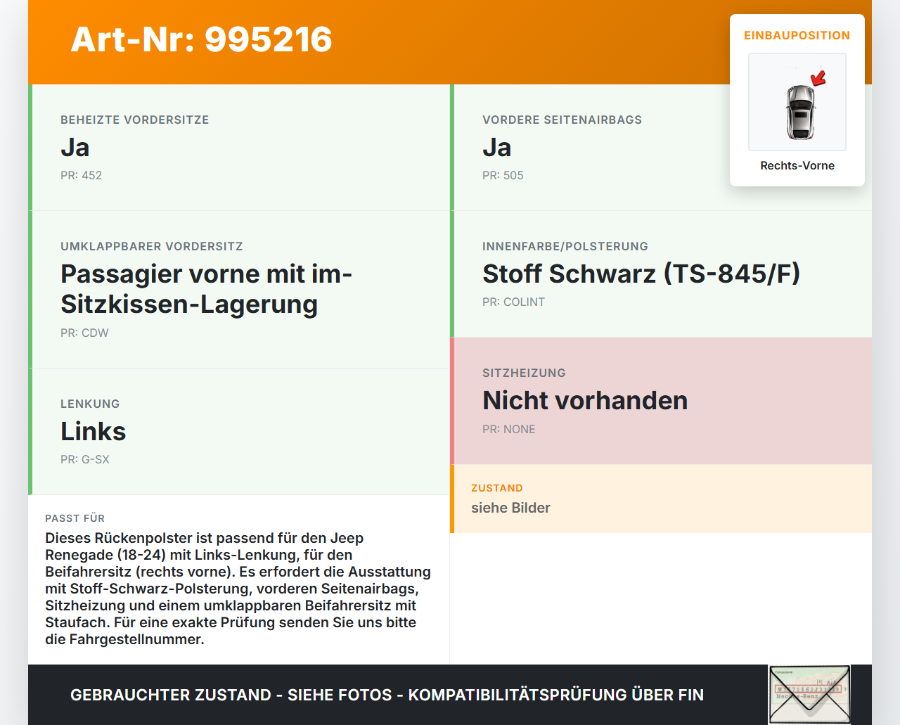 Jeep Renegade 18-24 Sitzbezug Rückenpolster Rechts Vorne für Beifahrer Sitz Jeep Renegade 18-24 23.01.2019 gebraucht Vorschau 3