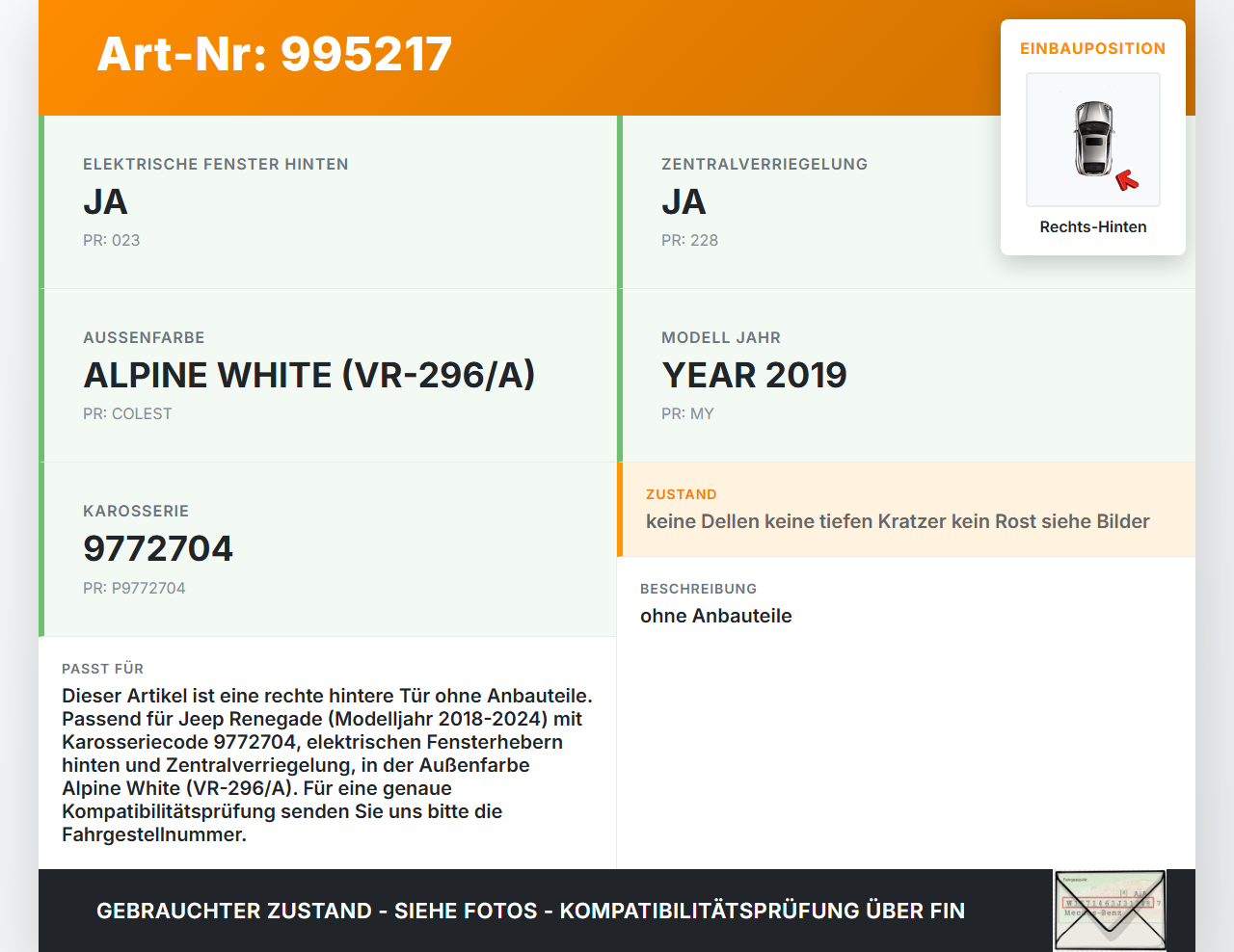 Jeep Renegade 18-24 Tür Rechts Hinten 296 Jeep Renegade 18-24 23.01.2019 gebraucht Vorschau 3