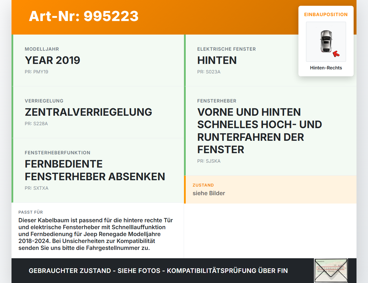 Jeep Renegade 18-24 Kabelbaum Leitungssatz für Tür und Fensterheber Hinten Rechts Jeep Renegade 18-24 23.01.2019... Vorschau 3