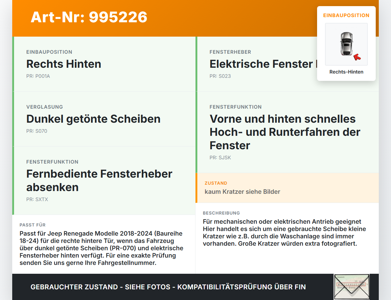 Jeep Renegade 18-24 Seitenscheibe RHK Türscheibe Rechts Hinten Orig. getönt Jeep Renegade 18-24 23.01.2019 gebraucht Vorschau 3