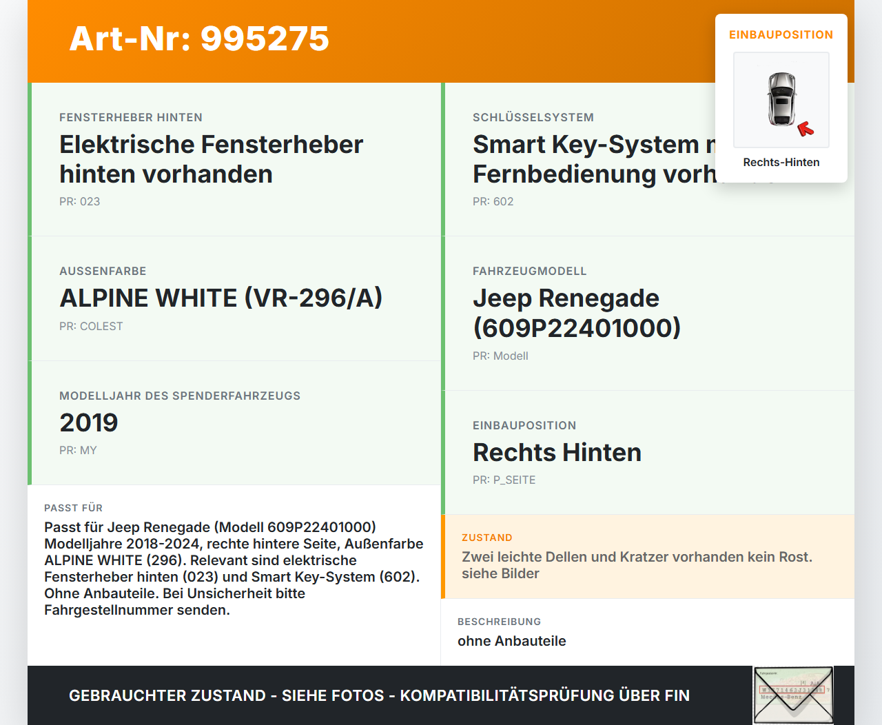 Jeep Renegade 18-24 Tür Rechts Hinten 296 Jeep Renegade 18-24 23.01.2019 gebraucht Vorschau 3