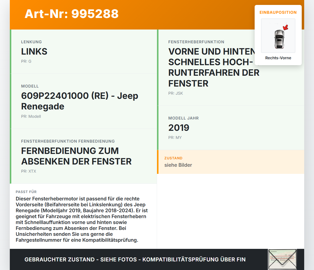 Jeep Renegade 18-24 Fensterhebermotor Rechts Vorne Jeep Renegade 18-24 23.01.2019 C44131-104 0130822664 gebraucht Vorschau 3