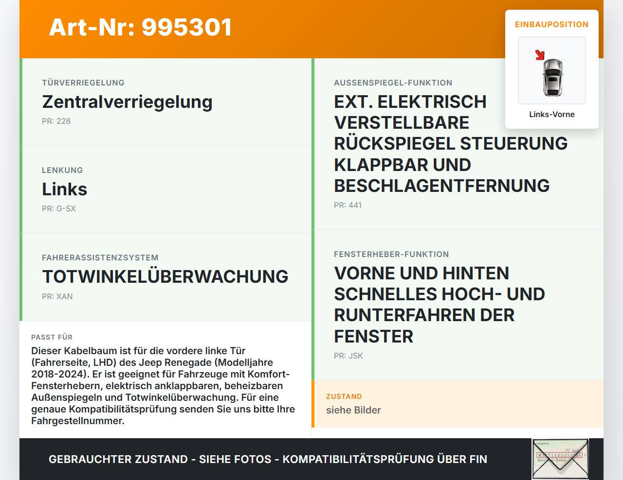 Jeep Renegade 18-24 Kabelbaum Tür und Fensterheber Links Vorne Jeep Renegade 18-24 23.01.2019 00520987710 gebraucht Vorschau 3