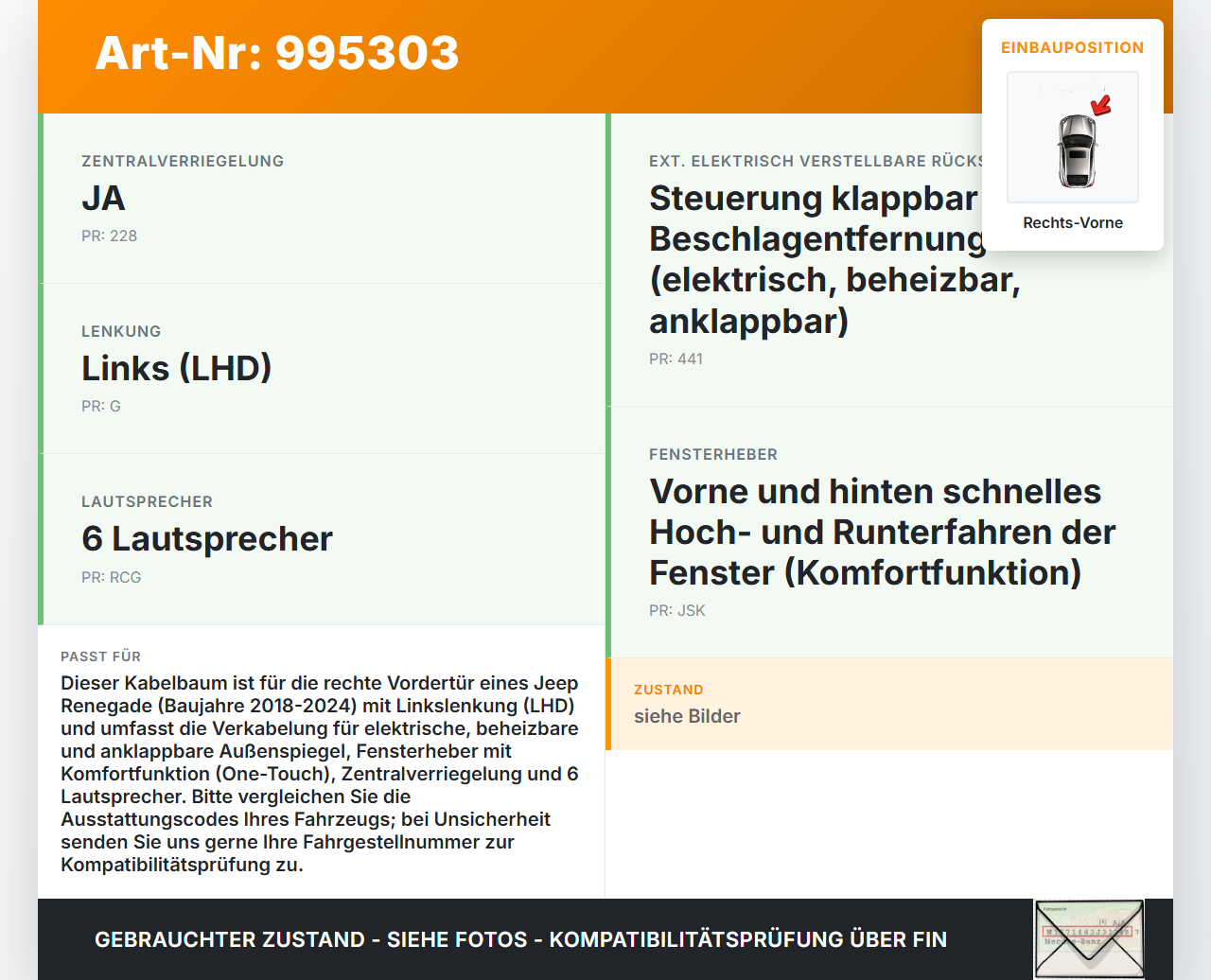 Jeep Renegade 18-24 Kabelbaum für Tür und Fensterheber Rechts Vorne Jeep Renegade 18-24 23.01.2019 00520594580 gebraucht Vorschau 3
