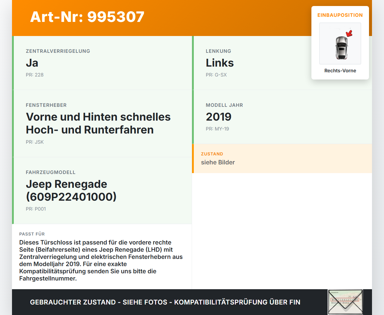 Jeep Renegade 18-24 Türschloss m. ZV Stellmotor Rechts Vorne Jeep Renegade 18-24 23.01.2019 40126025-010 52104484... Vorschau 3