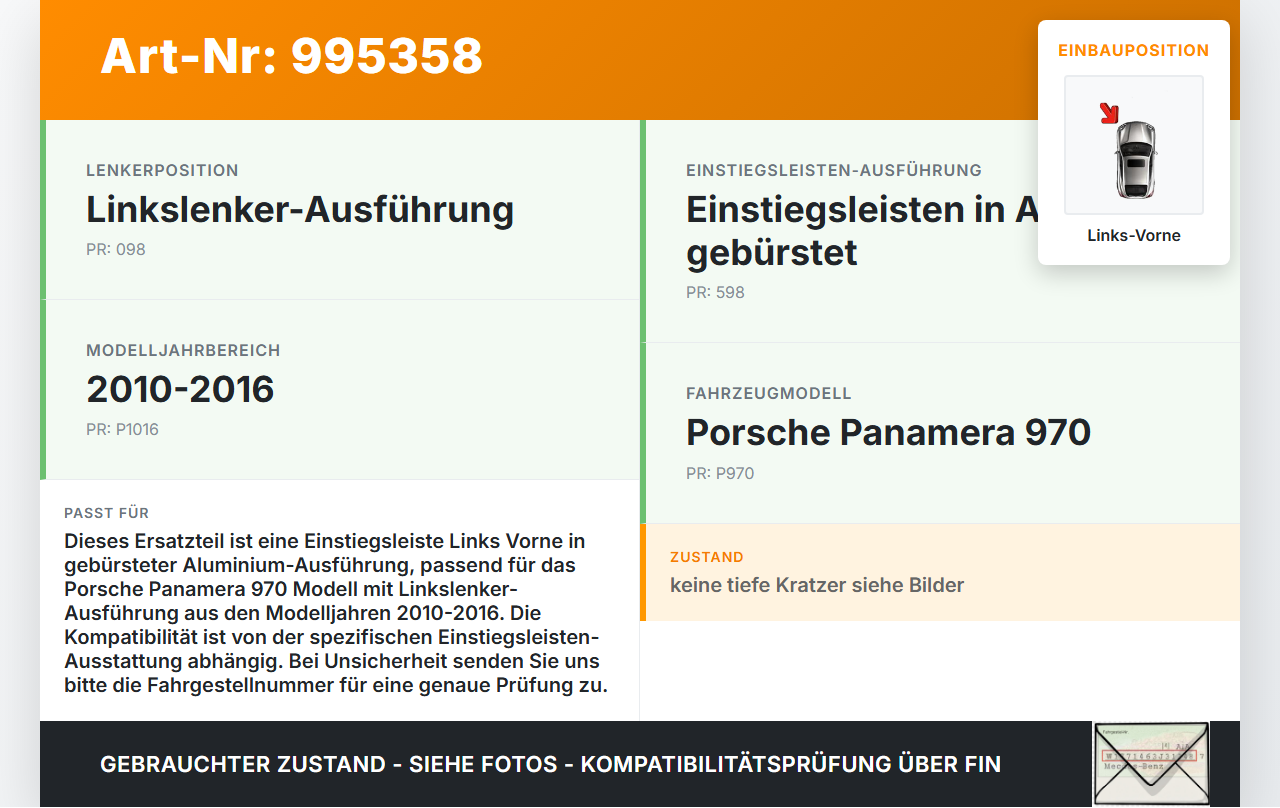 Porsche Panamera 970 10-16 Einstiegsleiste Links Vorne Porsche Panamera 970 10-16 19.08.2011 97055551700... Vorschau 3