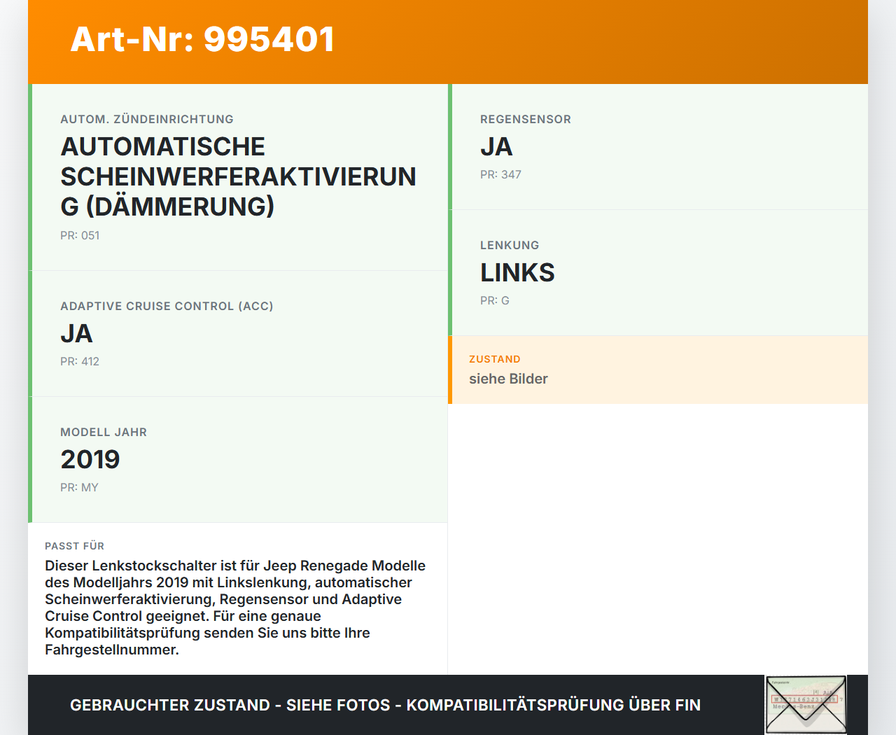 Jeep Renegade 18-24 Lenkstockschalter Blinker Wischer Kombischalter Jeep Renegade 18-24 23.01.2019 735698114... Vorschau 3