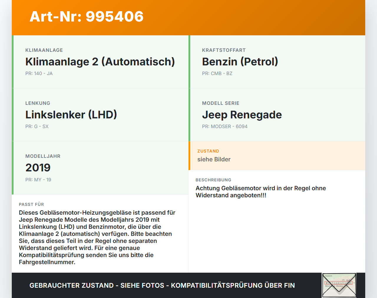 Jeep Renegade 18-24 Gebläsemotor Lüftermotor Heizungsgebläse Jeep Renegade 18-24 23.01.2019 77367169 18-338 gebraucht Vorschau 3