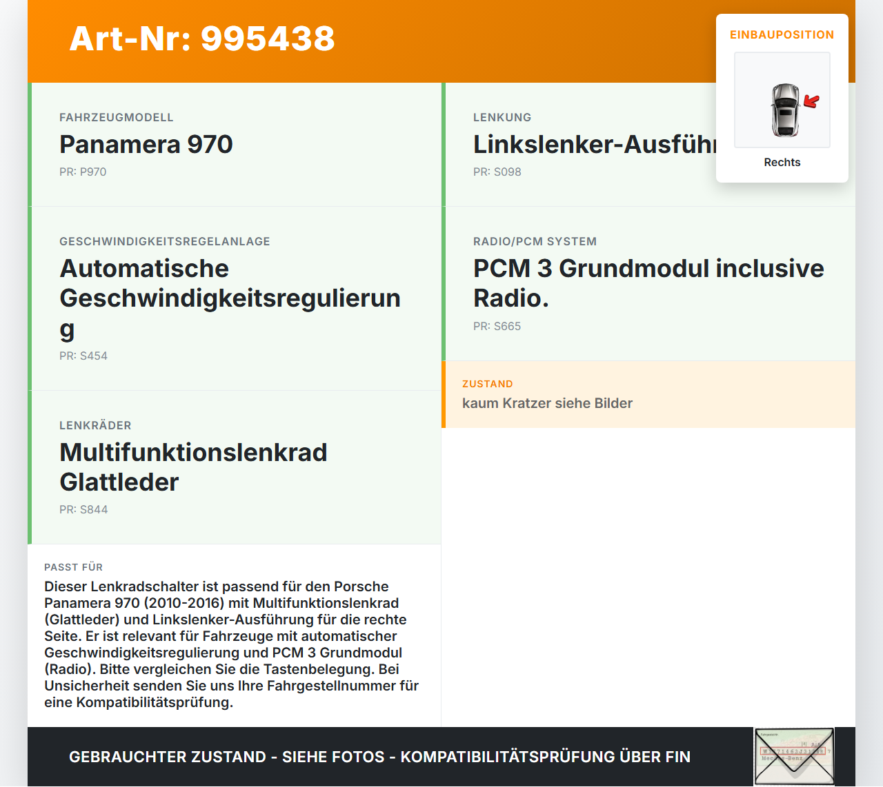 Porsche Panamera 970 10-16 Lenkradschalter Multifunktionstasten Schalter für Lenkrad Rechts Porsche Panamera 970... Vorschau 3