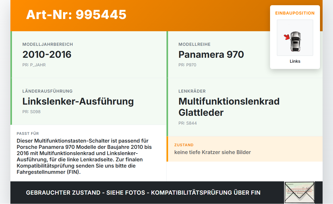 Porsche Panamera 970 10-16 Lenkradschalter Multifunktionstasten Schalter für Lenkrad Links Porsche Panamera 970... Vorschau 3