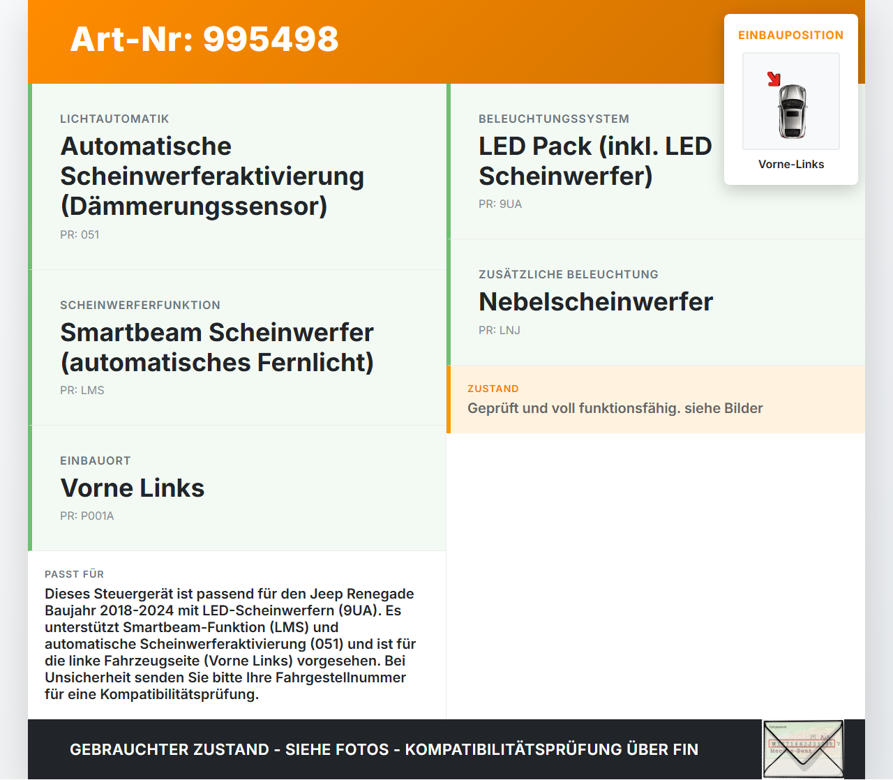 Jeep Renegade 18-24 Steuergerät Lichtmodul Vorschaltgerät Vorne Links Jeep Renegade 18-24 23.01.2019 503959321404... Vorschau 3