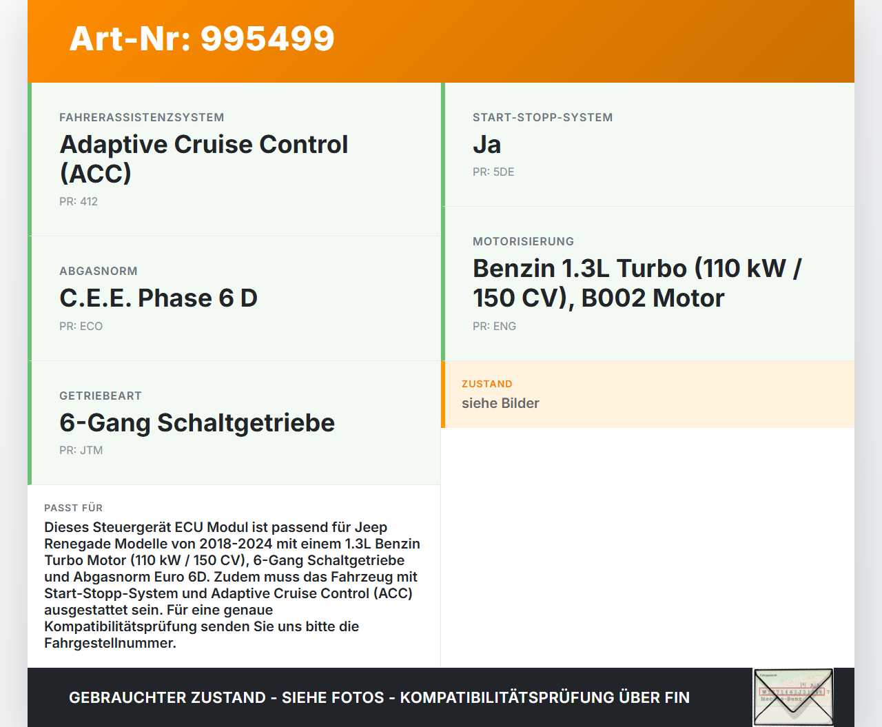 Jeep Renegade 18-24 Steuergerät ECU Modul Jeep Renegade 18-24 23.01.2019 00521101060 F00HJ02106 gebraucht Vorschau 3
