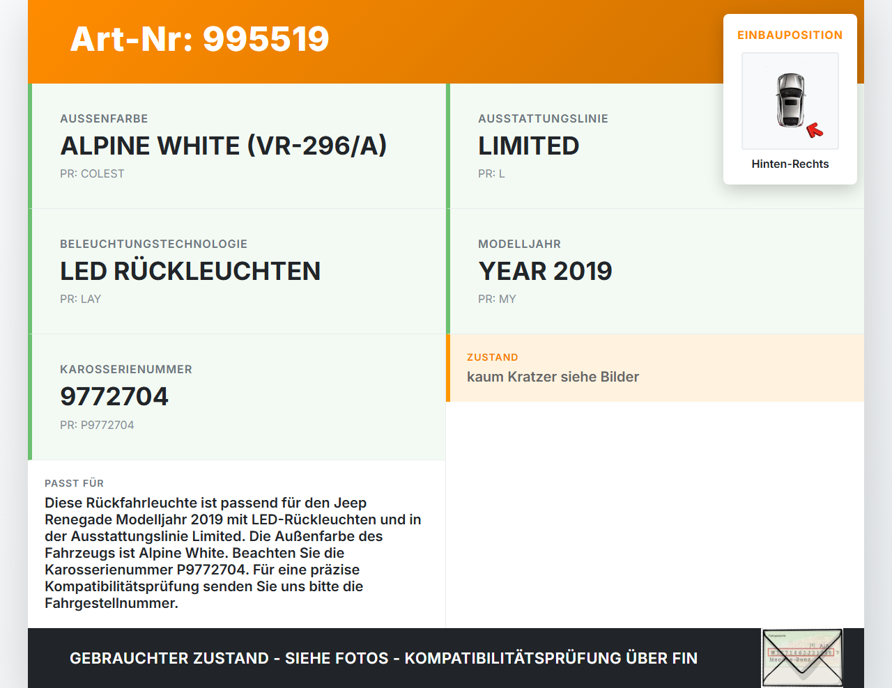 Jeep Renegade 18-24 Rückfahrleuchte Leuchte Hinten Rechts Jeep Renegade 18-24 23.01.2019 52100272 03618000 gebraucht Vorschau 3