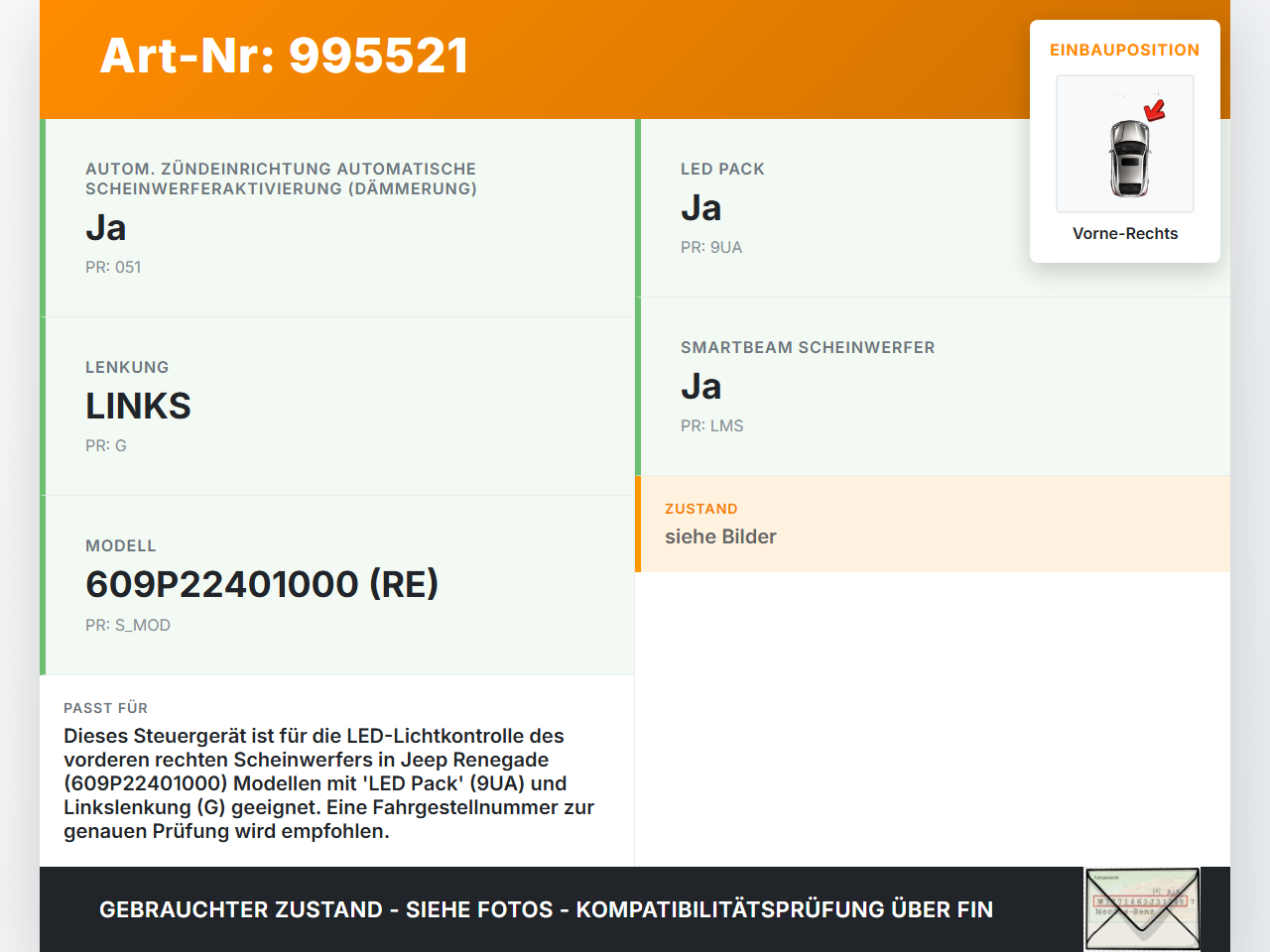 Jeep Renegade 18-24 Steuergerät Lichtkontrolle LED Vorne Rechts Jeep Renegade 18-24 23.01.2019 1401000000... Vorschau 3