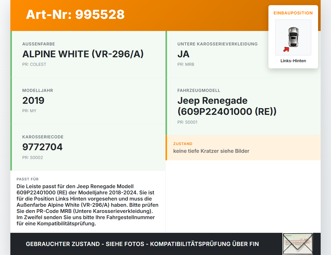 Jeep Renegade 18-24 Leiste für Kotflügel Links Hinten 296 Jeep Renegade 18-24 23.01.2019 gebraucht Vorschau 3