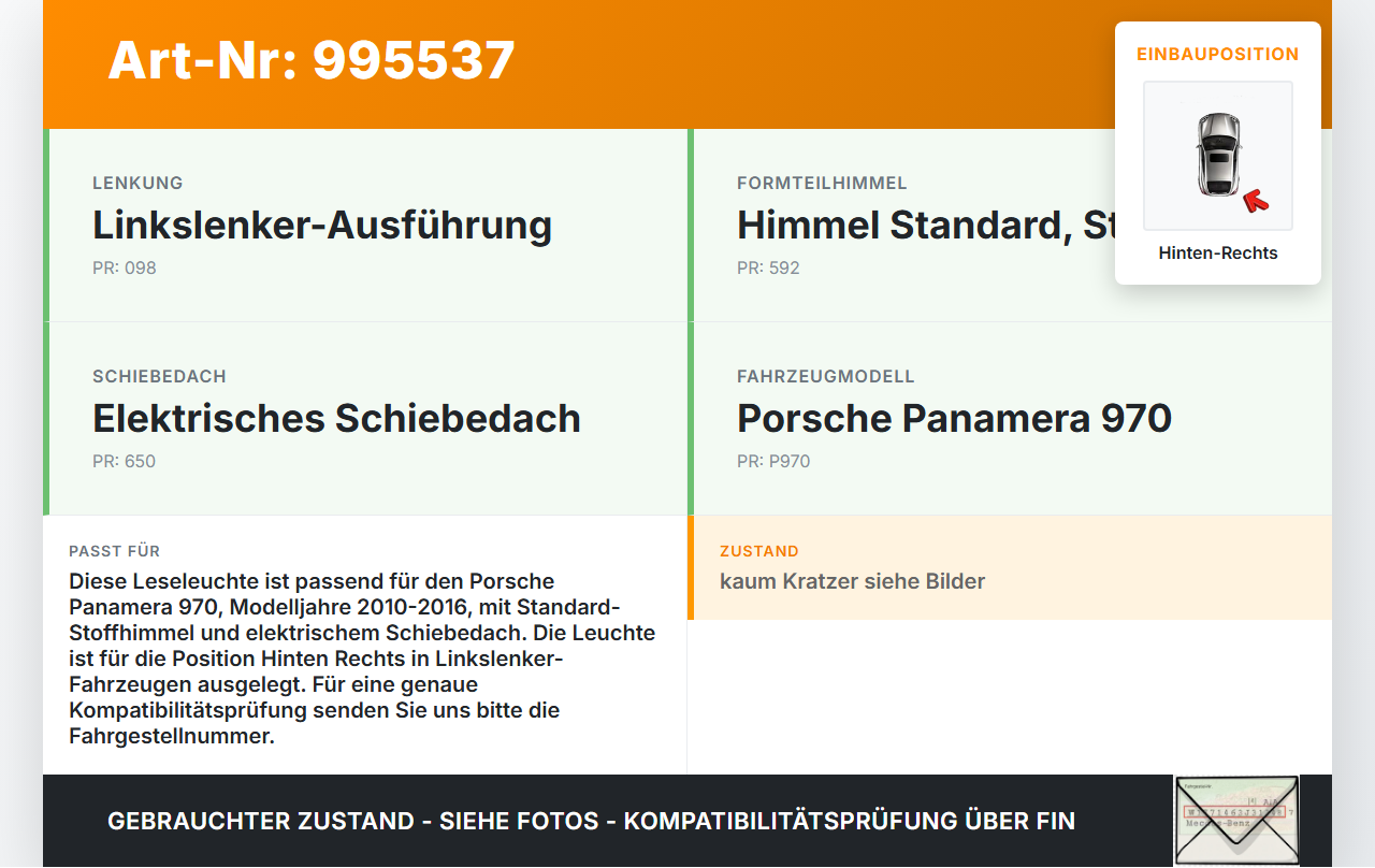 Porsche Panamera 970 10-16 Innenraumleuchte Leseleuchte für Hinten Rechts Porsche Panamera 970 10-16 19.08.2011... Vorschau 3
