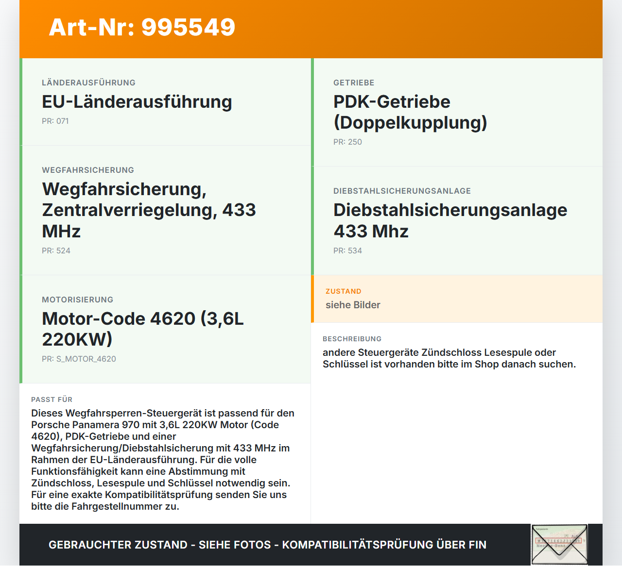 Porsche Panamera 970 10-16 3,6 220KW Wegfahrsperre ECU Steuergerät Porsche Panamera 970 10-16 19.08.2011 7PP905852C... Vorschau 3