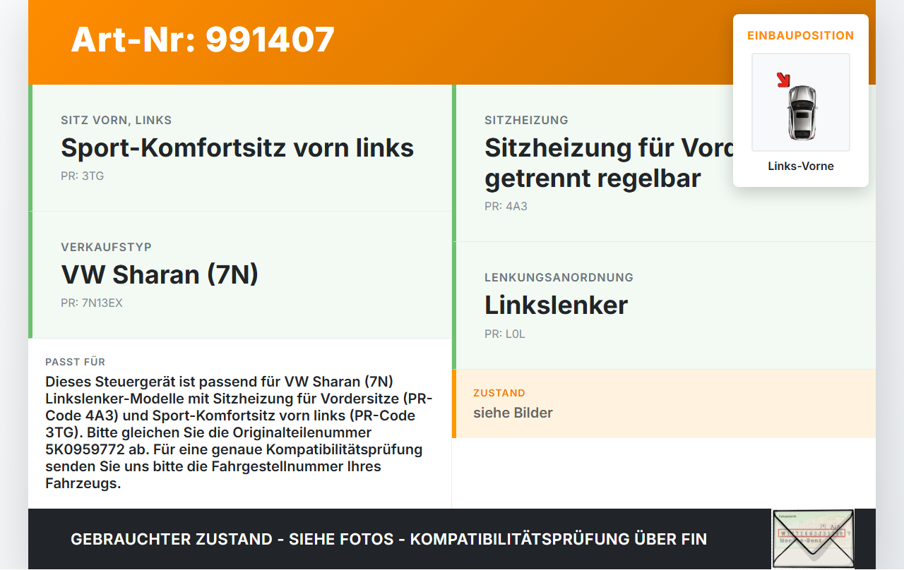 VW Sharan 7N II 10-15 SG ECU Steuergerät für Sitzheizung Links Vorne VW Sharan 7N II 10-15 20.04.2014 5K0959772... Vorschau 3