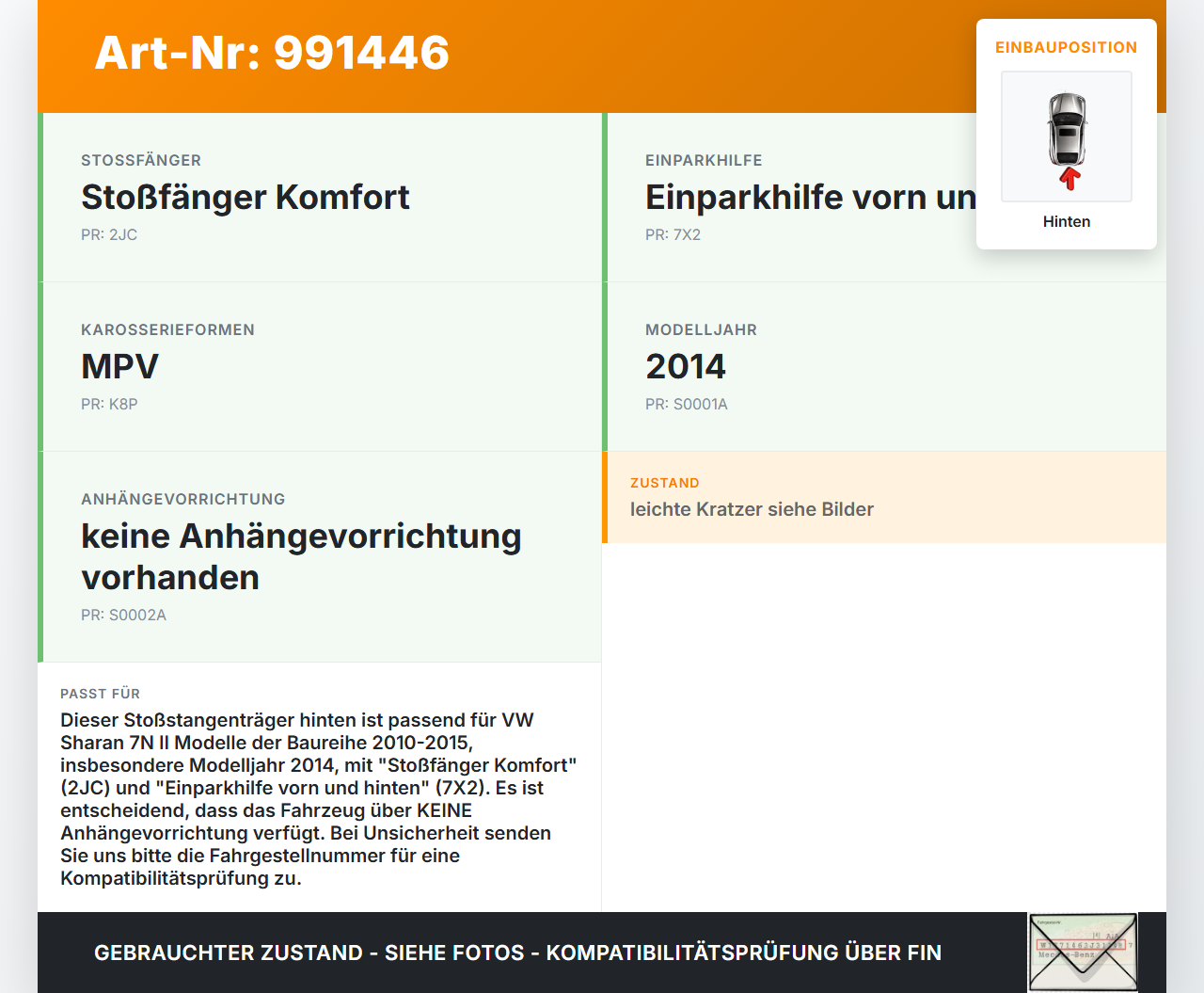 VW Sharan 7N II 10-15 Stoßstangenträger Stoßfängerträger Träger Querträger Hinten VW Sharan 7N II 10-15 20.04.2014... Vorschau 3