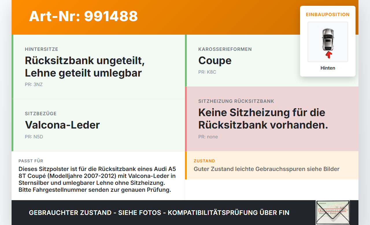 Audi A5 8T QU 07-12 Coupe Sitzpolster für Rücksitzbank Hinten Leder Audi A5 8T QU 07-12 22.10.2007 8T0885375D... Vorschau 3