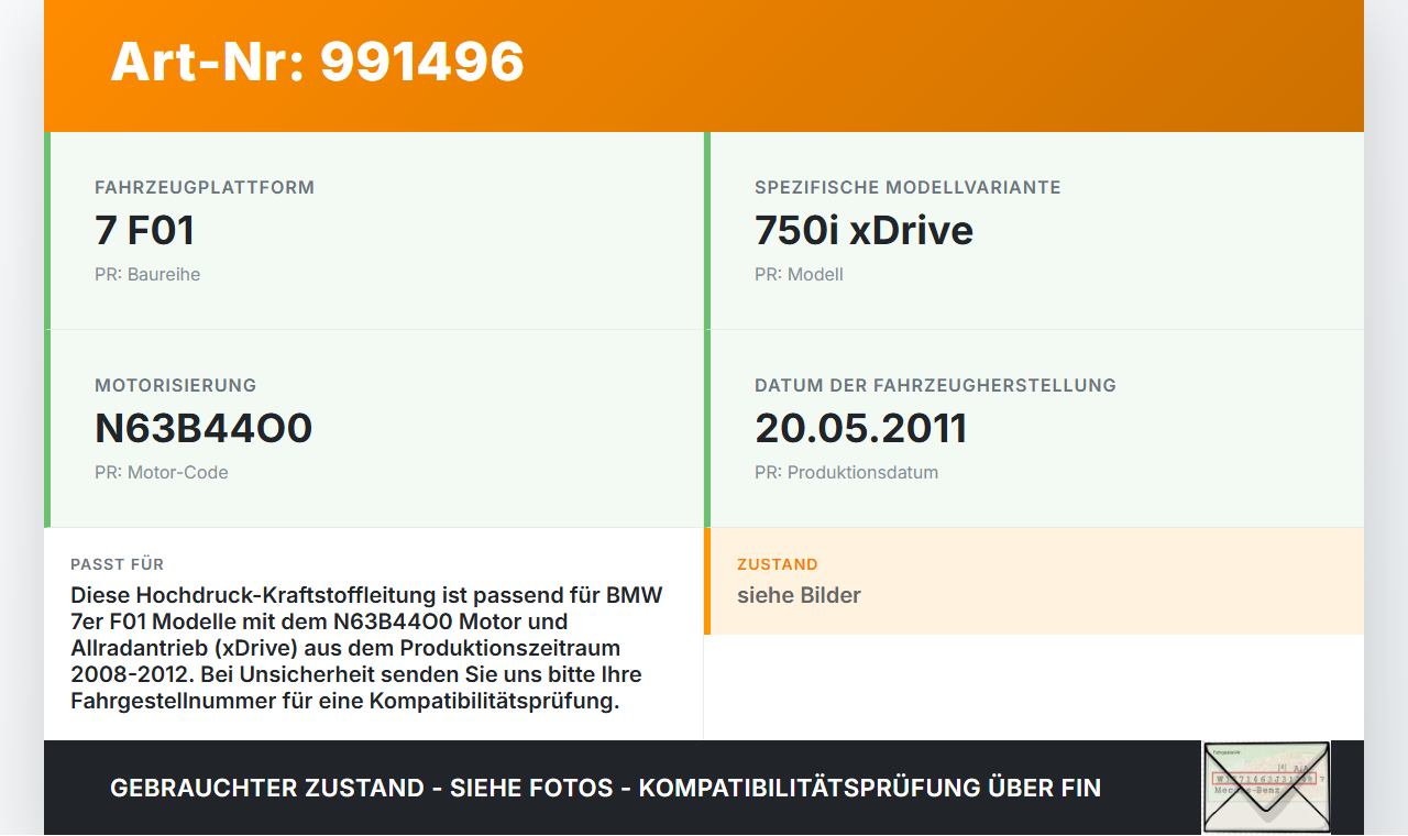BMW F01 750iX 08-12 4,4i 300KW Hochdruck Leitung Kraftstoffleitung BMW F01 750iX 08-12 09.06.2011 7547601... Vorschau 3