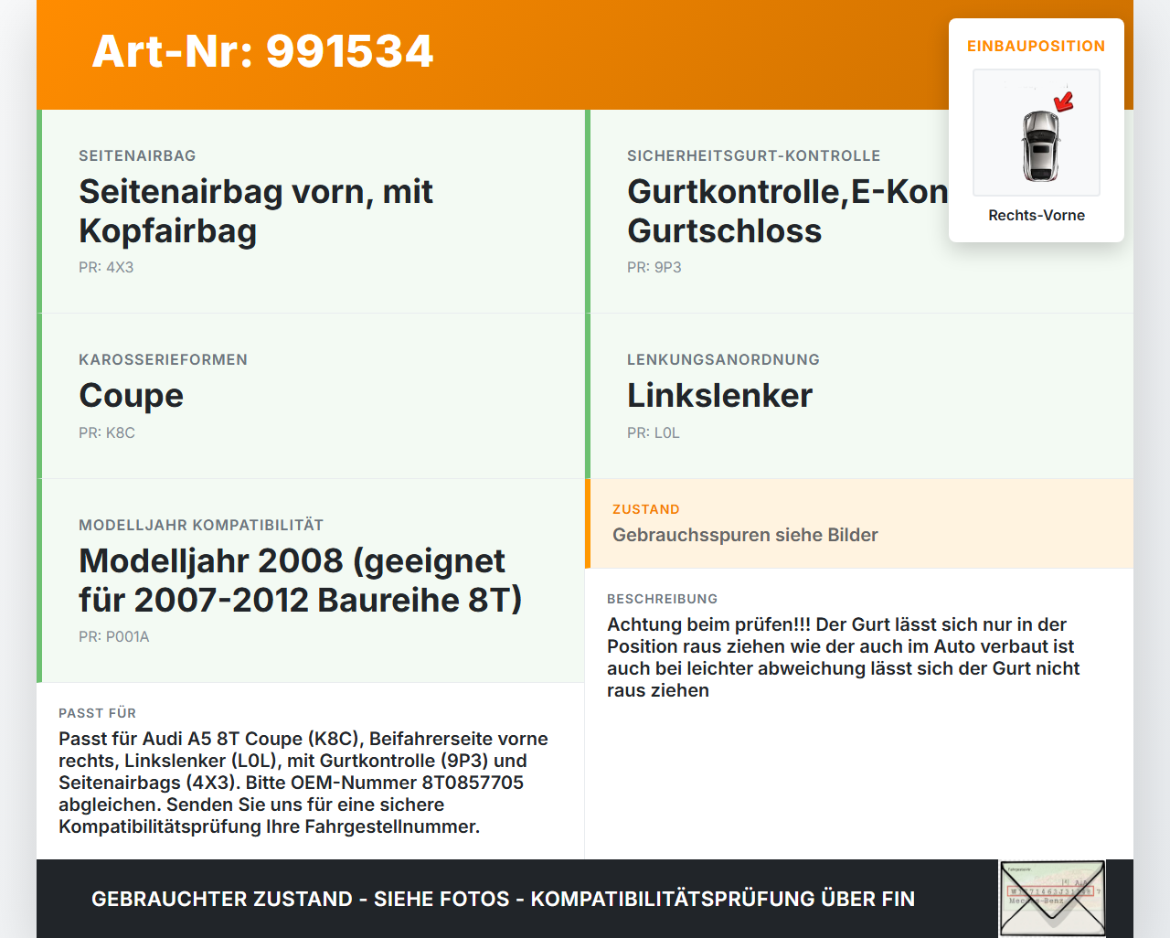 Audi A5 8T QU 07-12 Coupe Gurt Sicherheitsgurt Gurtstraffer Beifahrer Rechts Vorne Audi A5 8T QU 07-12 22.10.2007... Vorschau 3
