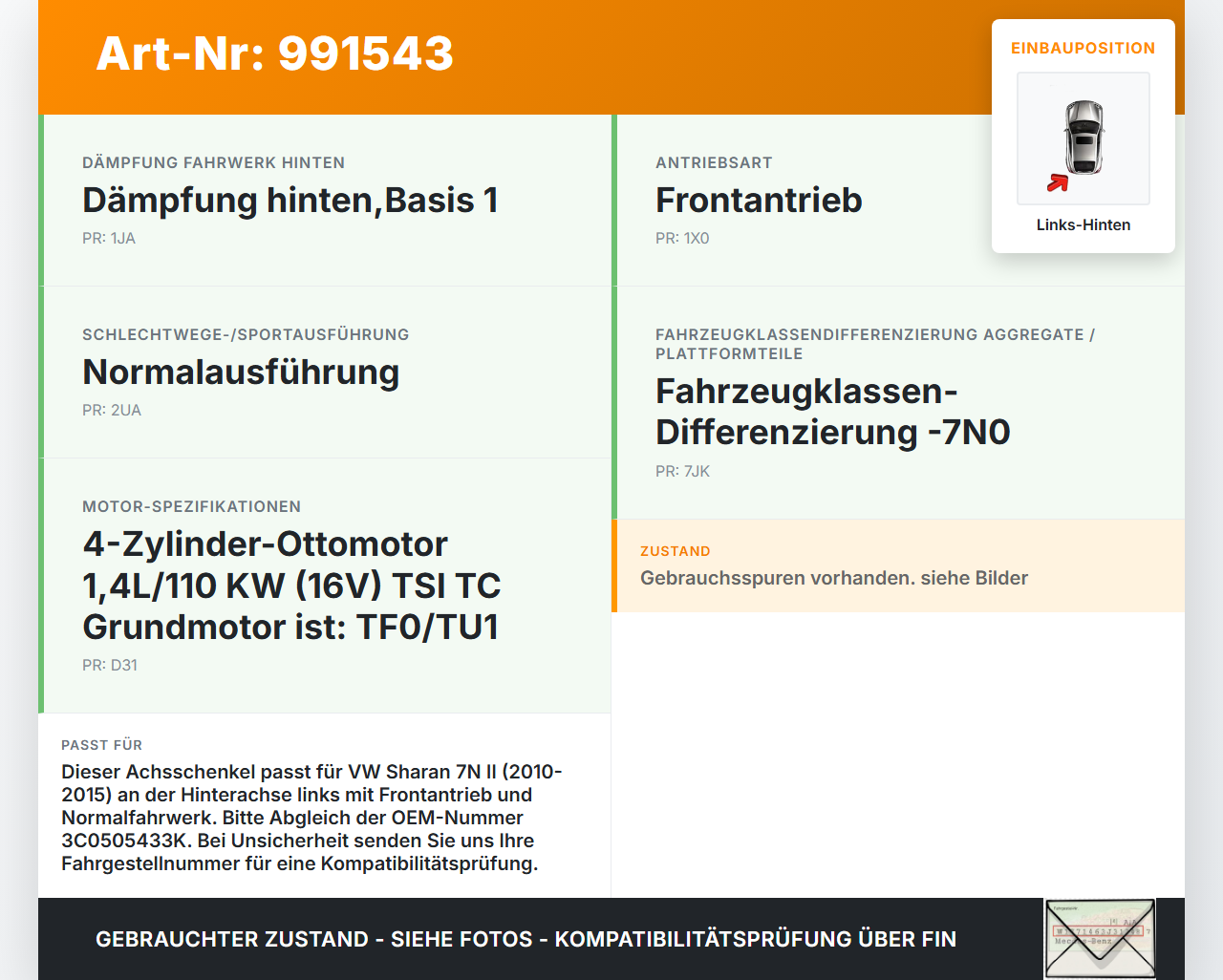 VW Sharan 7N II 10-15  TSI 1,4 110KW Achsschenkel Radnabe Links Hinten VW Sharan 7N II 10-15 20.04.2014 3C0505433K... Vorschau 3
