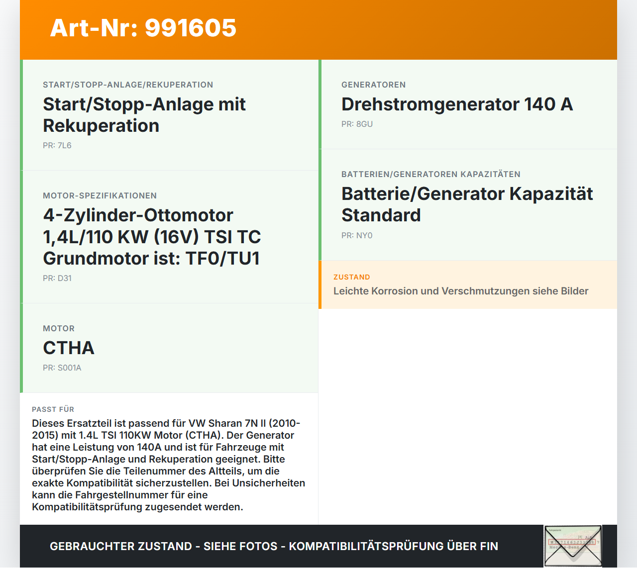 VW Sharan 7N II 10-15 TSI 1,4 110KW Lichtmaschine Generator 140A 14V VW Sharan 7N II 10-15 20.04.2014 03C903023S... Vorschau 3