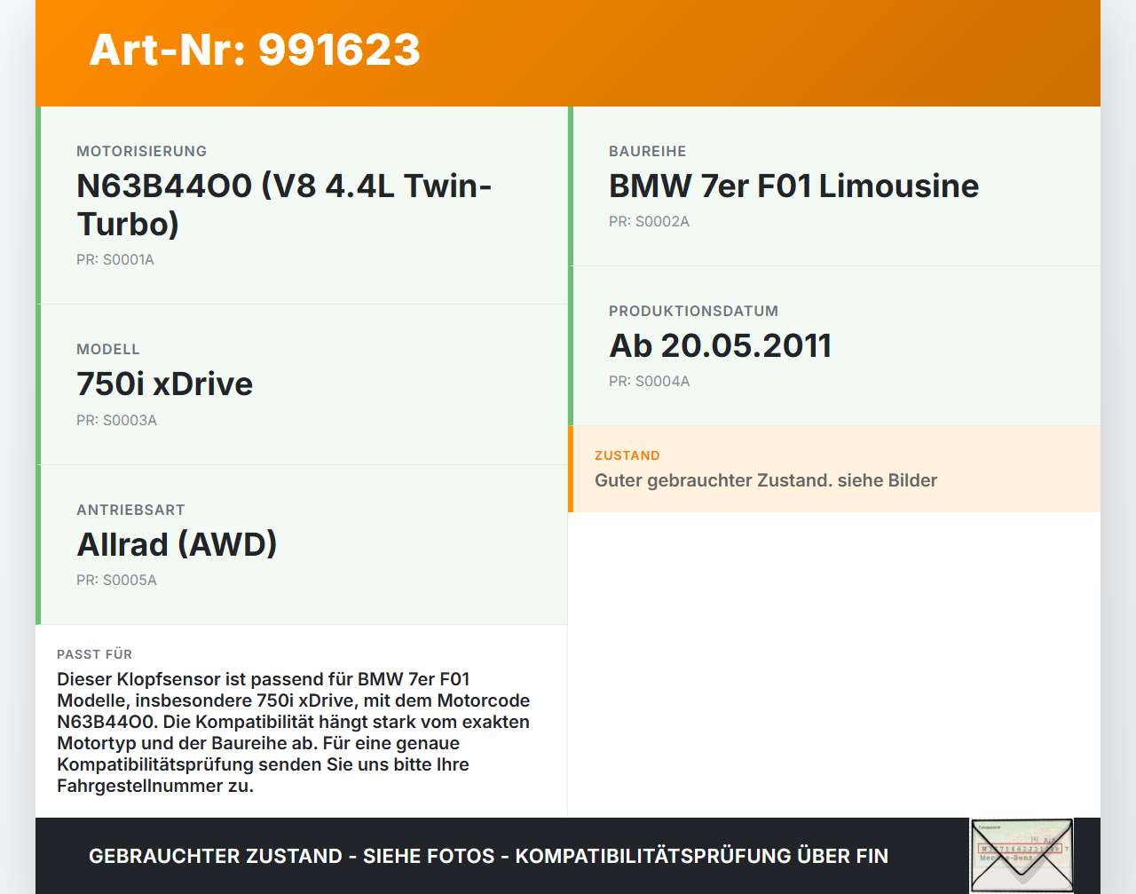 BMW F01 750iX 08-12 Klopfsensor Sensor BMW F01 750iX 08-12 09.06.2011 7598861 13627598861 7598861-01 gebraucht Vorschau 3