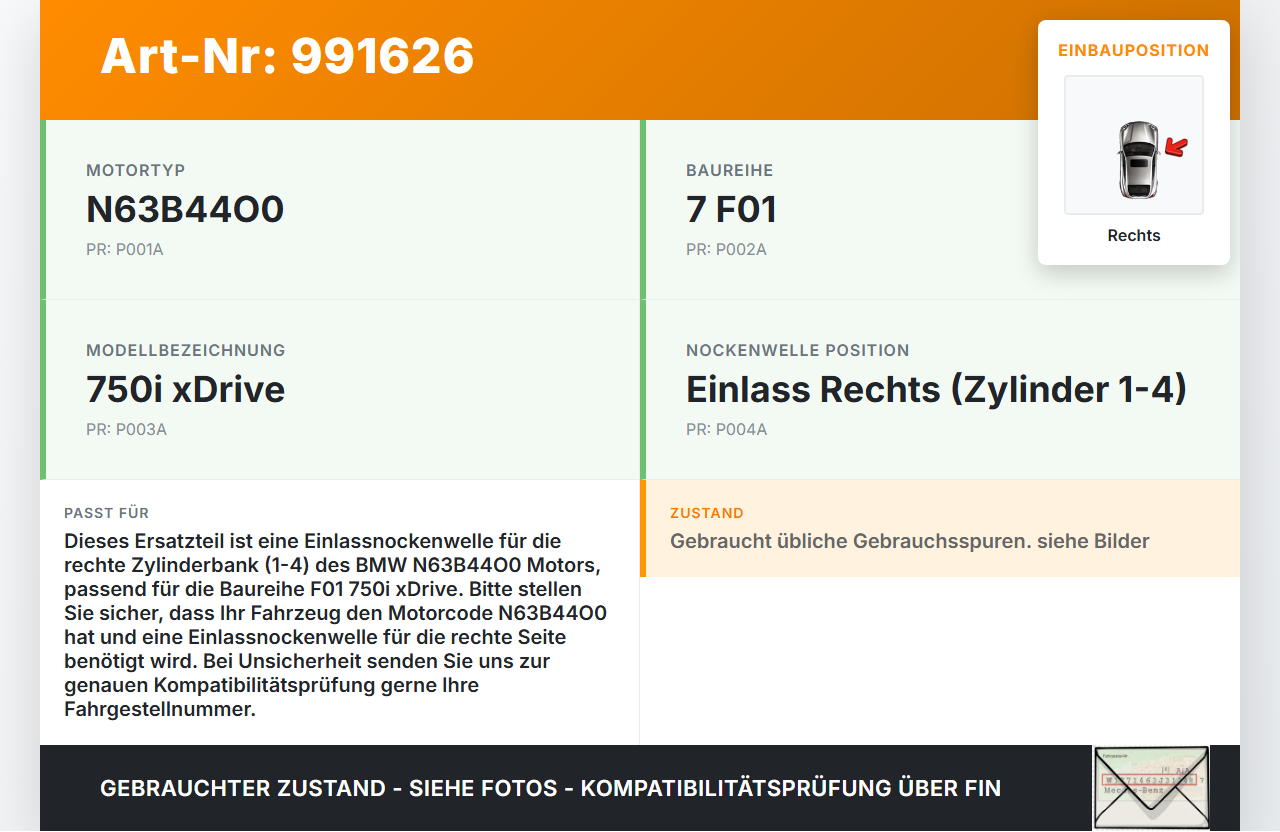 BMW F01 750iX 08-12 4,4i 300KW N63B44O0 Nockenwelle Einlass Rechts 1-4 BMW F01 750iX 08-12 09.06.2011 1131-7629529... Vorschau 3