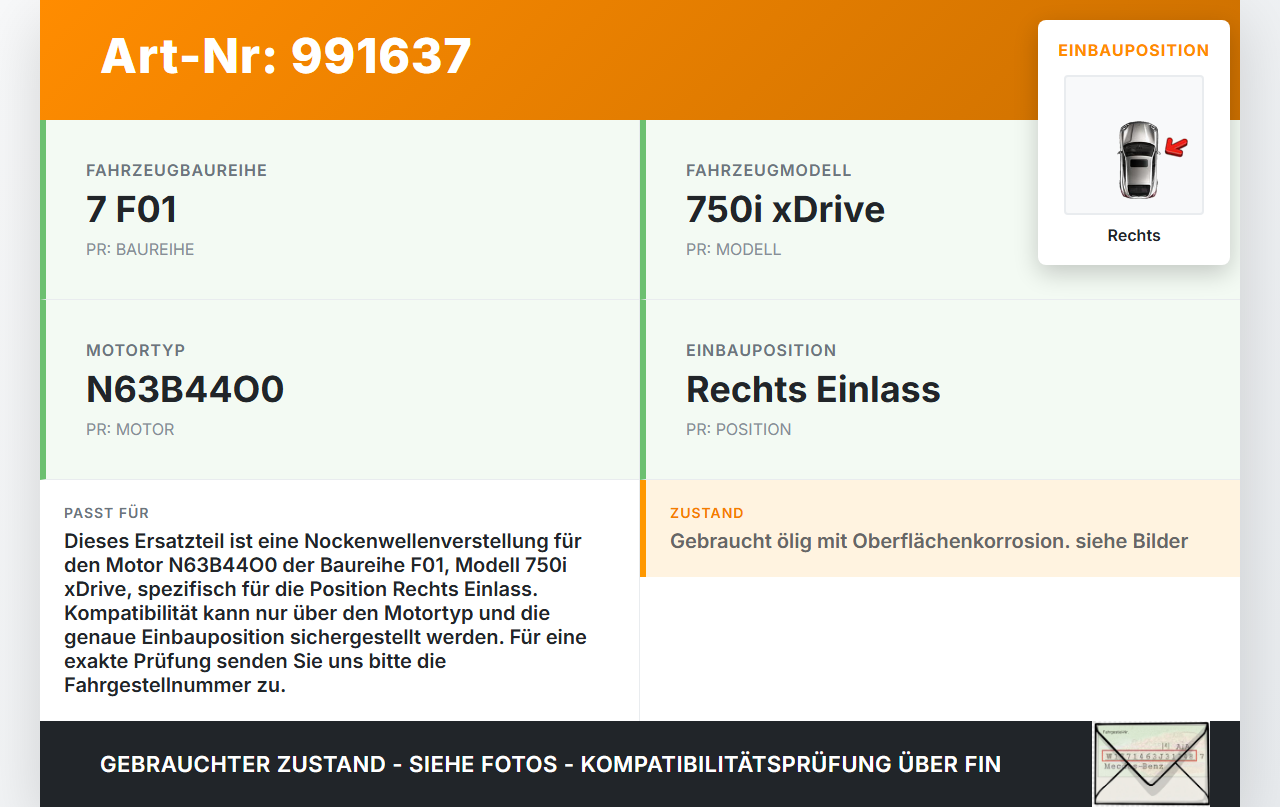 BMW F01 750iX 08-12 4,4i 300KW N63B44O0 Nockenwellenverstellung Verstellung für Nockenwelle Rechts Einlass BMW F01... Vorschau 3