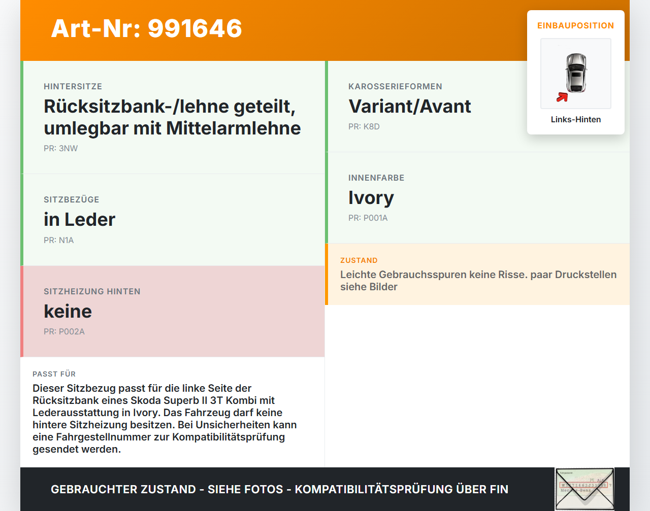 Skoda Superb II 3T 08-13 Kombi Sitzbezug Sitzpolster Links für Rücksitzbank Hinten Skoda Superb II 3T 08-13... Vorschau 3