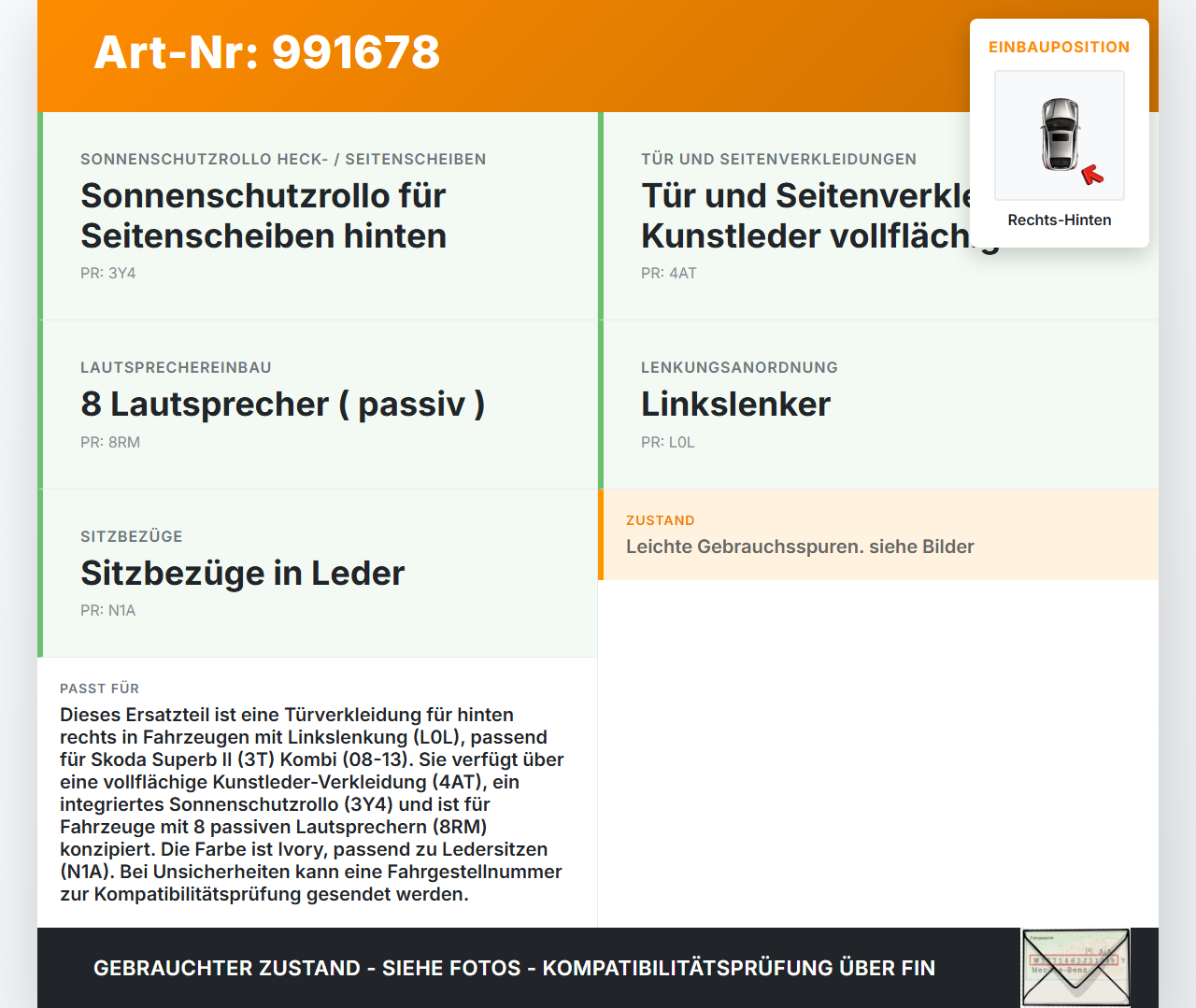 Skoda Superb II 3T 08-13 Kombi Türverkleidung Türpappe Rechts Hinten Skoda Superb II 3T 08-13 18.02.2011 3T0867212D... Vorschau 3