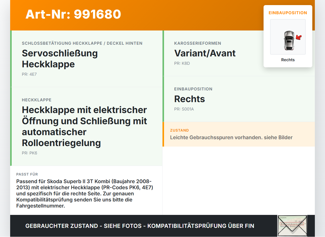 Skoda Superb II 3T 08-13 Kombi Dämpfer Gasdruckfeder für Heckklappe Rechts Skoda Superb II 3T 08-13 18.02.2011... Vorschau 3