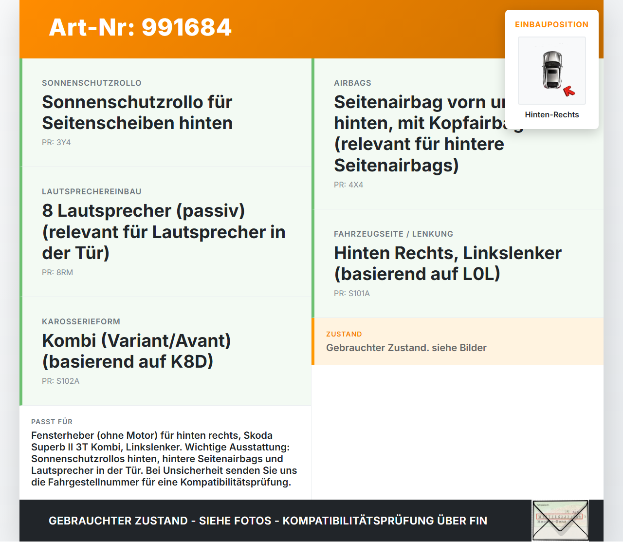 Skoda Superb II 3T 08-13 Kombi Fensterheber o. FH-Motor Hinten Rechts Skoda Superb II 3T 08-13 18.02.2011 3T0839462... Vorschau 3