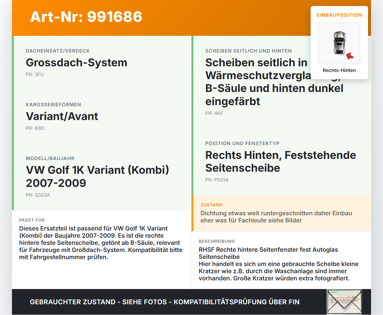 VW Golf 1K Variant 07-09 Kombi RH Fest Seitenscheibe Scheibe Rechts Hinten Orig. getönt VW Golf 1K Variant 07-09... Vorschau 3