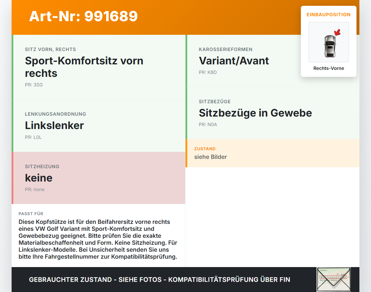 VW Golf 1K Variant 07-09 Kombi Kopfstütze für Beifahrer Sitz Rechts Vorne VW Golf 1K Variant 07-09 01.12.2008... Vorschau 3