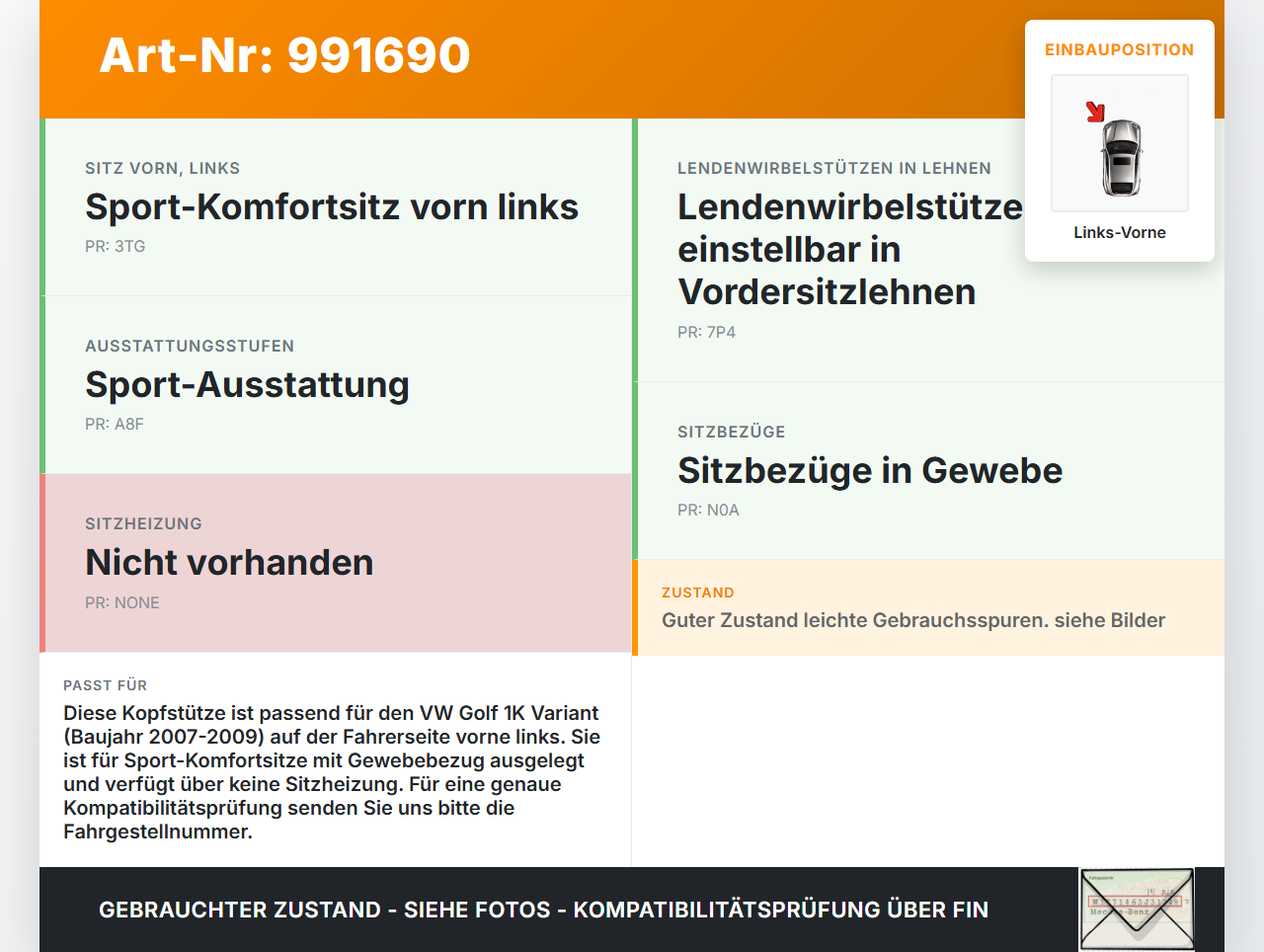 VW Golf 1K Variant 07-09 Kopfstütze Fahrer Links Vorne VW Golf 1K Variant 07-09 01.12.2008 1K0881901AH gebraucht Vorschau 3