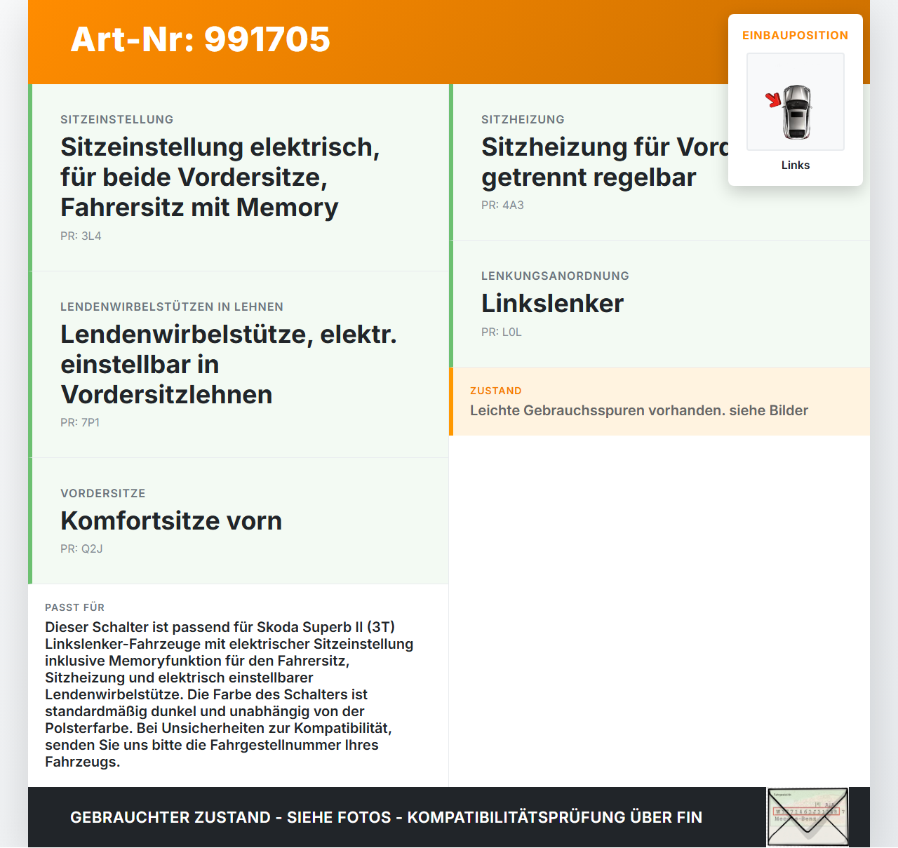 Skoda Superb II 3T 08-13 Sitzverstellung Schalter Links Skoda Superb II 3T 08-13 18.02.2011 1Z0959777 1Z09597774PK... Vorschau 3